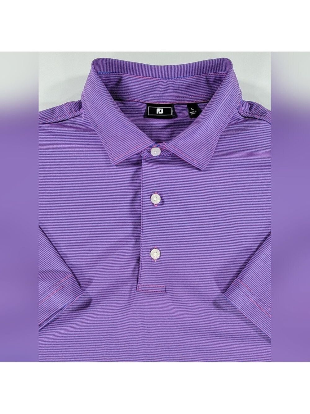 FootJoy FJ Men's Large Pink Blue Striped Golf Polo Shirt Performance Stretch